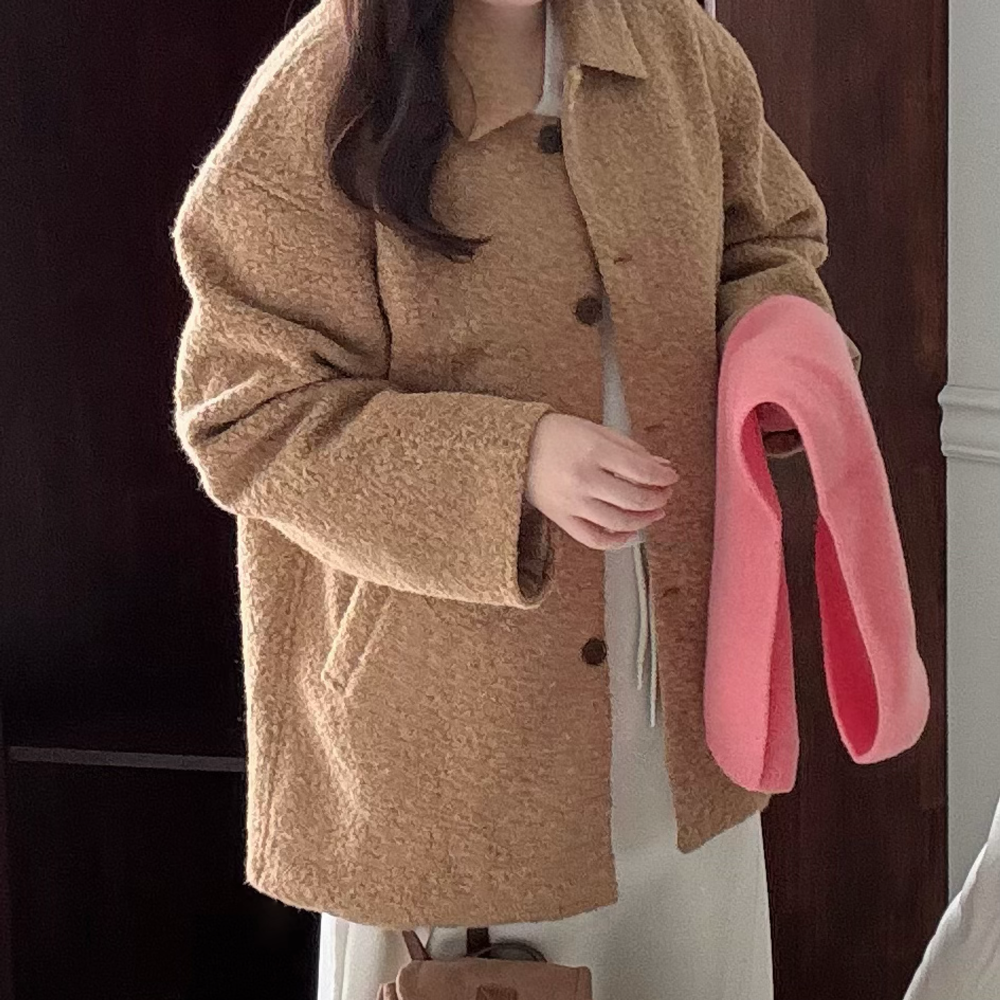 부클코트 여성 카멜 오버핏하프 울 코트 - 상세 이미지 4