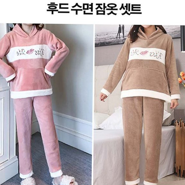 부드러운 여성 수면 잠옷 후드 수면 잠옷 세트 상하의 - 상품 이미지