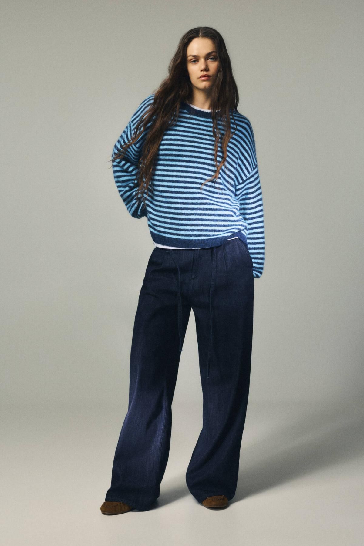 풀앤베어 스트라이프 라운드넥 니트 캐주얼 스웨터 7550/388 NAVY - 상세 이미지 2