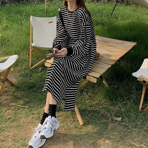 루즈핏 여성 스트라이프 원피스 캐주얼 여성 기모 원피스 라운드 - 상품 이미지