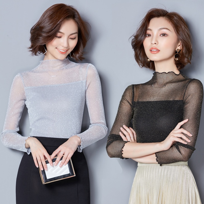 시스루 긴팔 상의 라인댄스복 메쉬 연습복 살사 의상 별꽃 라틴 브이넥 여성 공연복 빅사이즈 - 상품 이미지