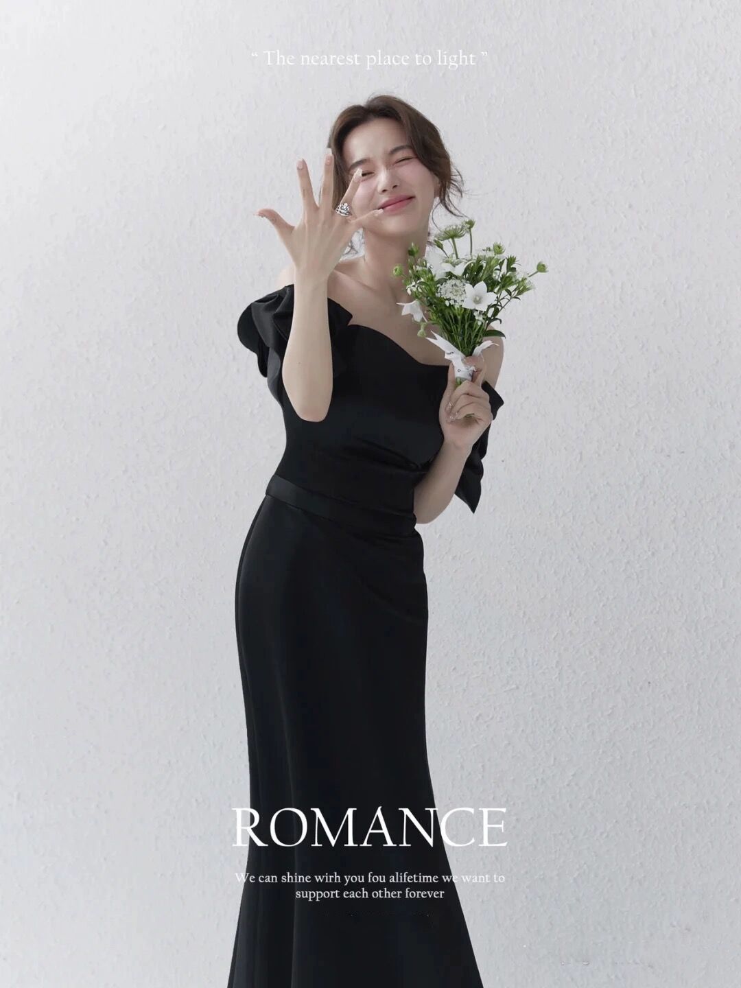 블랙 신혼여행 스냅 촬영 드레스 오프숄더 셀프웨딩 스튜디오 피로연 프리사이즈 - 상세 이미지 5