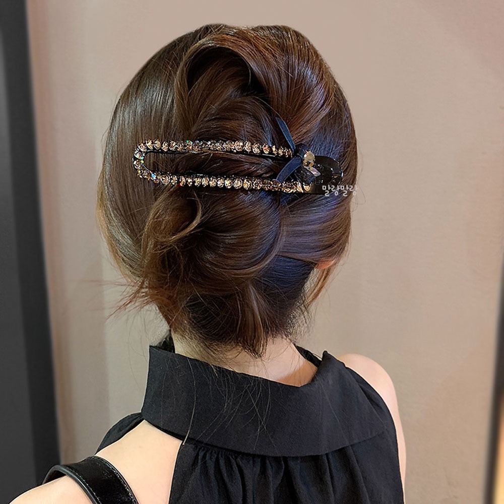 블랙 리본 큐빅 악어집게핀 럭셔리 올림머리헤어핀 - 상세 이미지 3