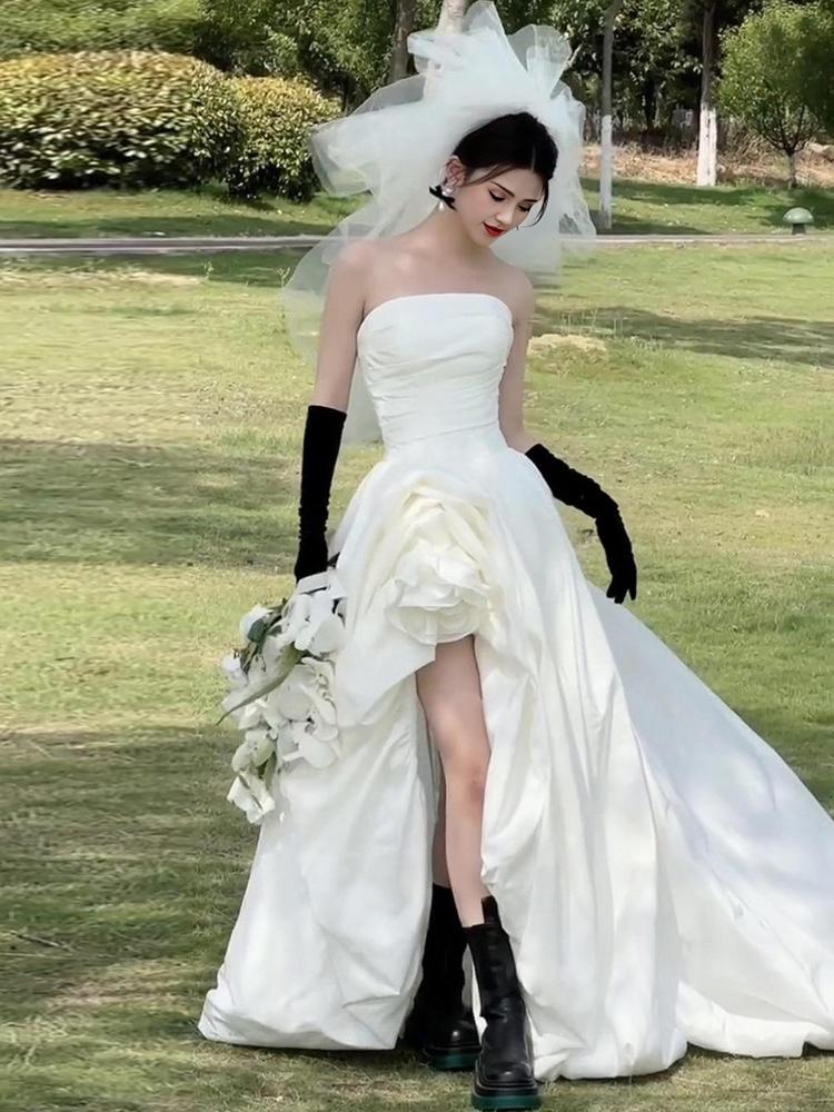 신혼여행 스냅 촬영 셀프웨딩 드레스 오프숄더 화이트 블랙 화이트 프리 사이즈 - 상세 이미지 5