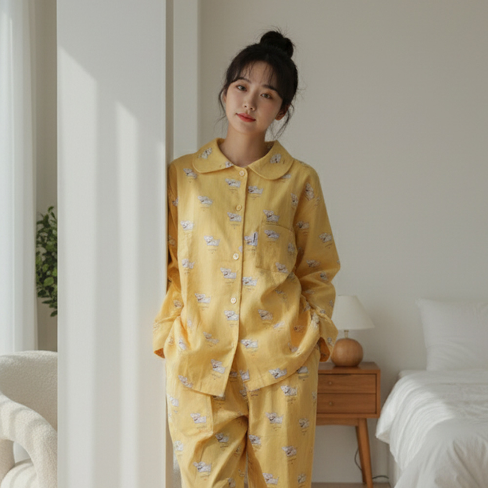 코지 프렌즈 파자마 세트 긴팔 긴바지 순면 잠옷 홈웨어 long Yellow puppy - 상품 이미지