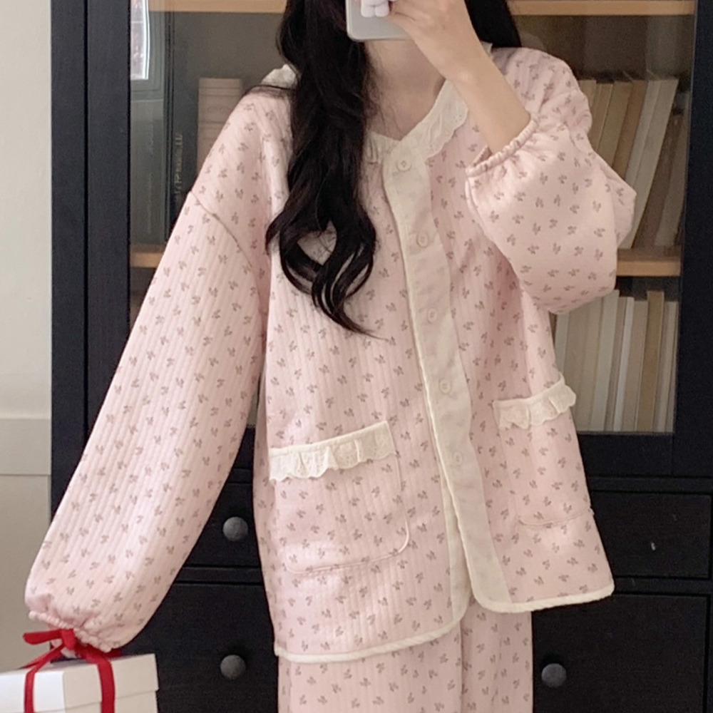 누빔잠옷 수면잠옷세트 겨울파자마 노카라 레이스 파자마파티 홈웨어 - 메인 이미지