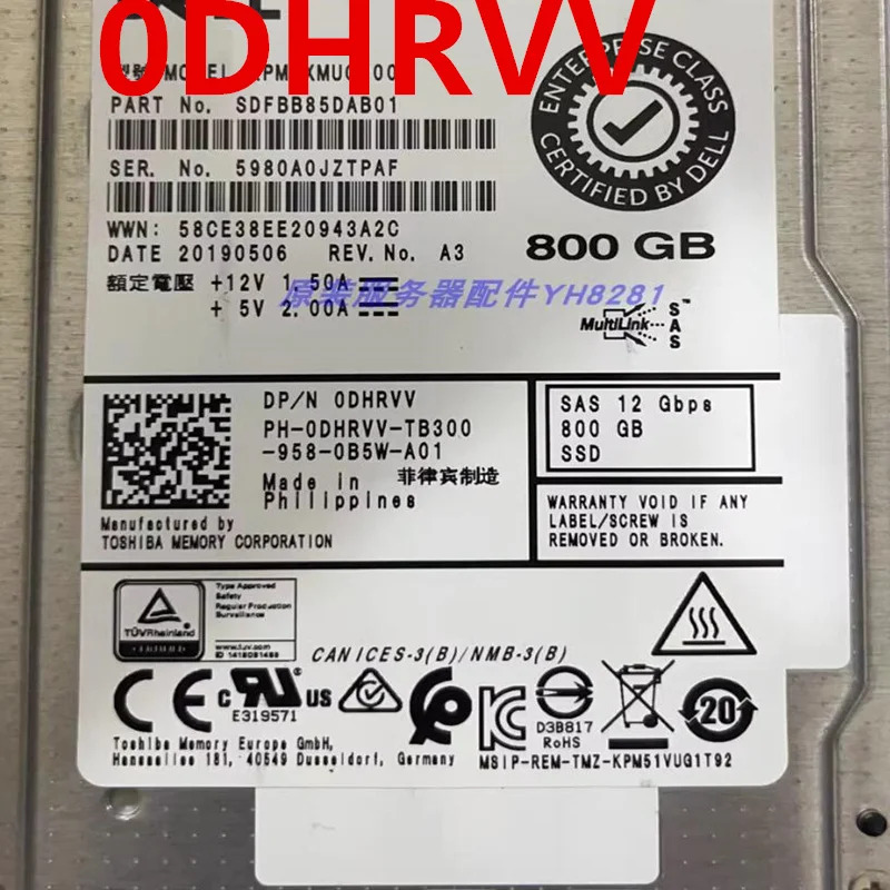 오리지널 솔리드 스테이트 드라이브 DELL 800GB 2.5 인치 SAS SSD 0DHRVV XPM5XMUG800G 0PG19T PG19T PX02SSB080 거신