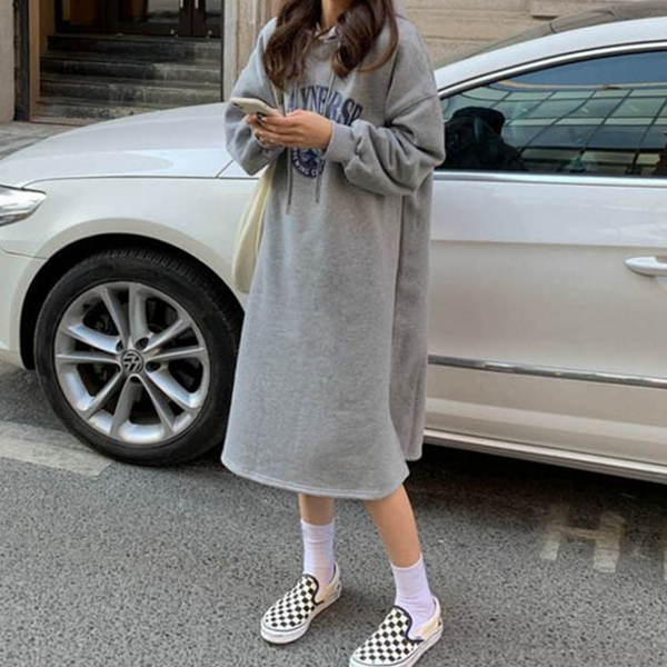 루즈핏 여성 기모 원피스 캐주얼 여성 후드 원피스 따뜻한 - 상품 이미지
