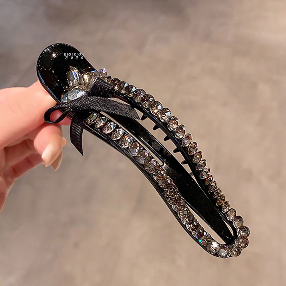 블랙 리본 큐빅 악어집게핀 럭셔리 올림머리헤어핀 - 상세 이미지 4
