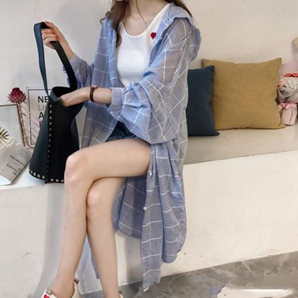 루즈핏 여성 체크 셔츠 캐주얼 여성 후드 셔츠 오버핏 - 메인 이미지