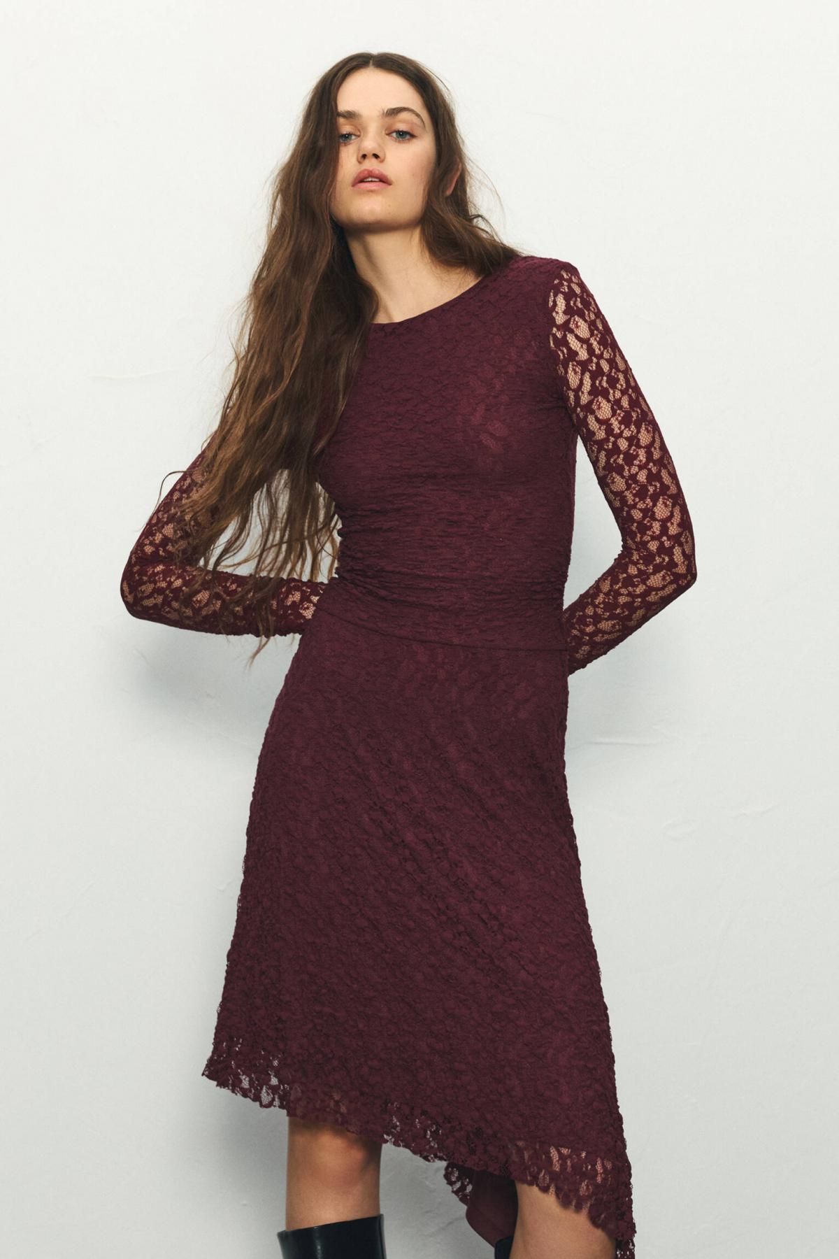 풀앤베어 프리미엄 레이스 미디 원피스 버건디 7394/387 BURGUNDY - 상세 이미지 2
