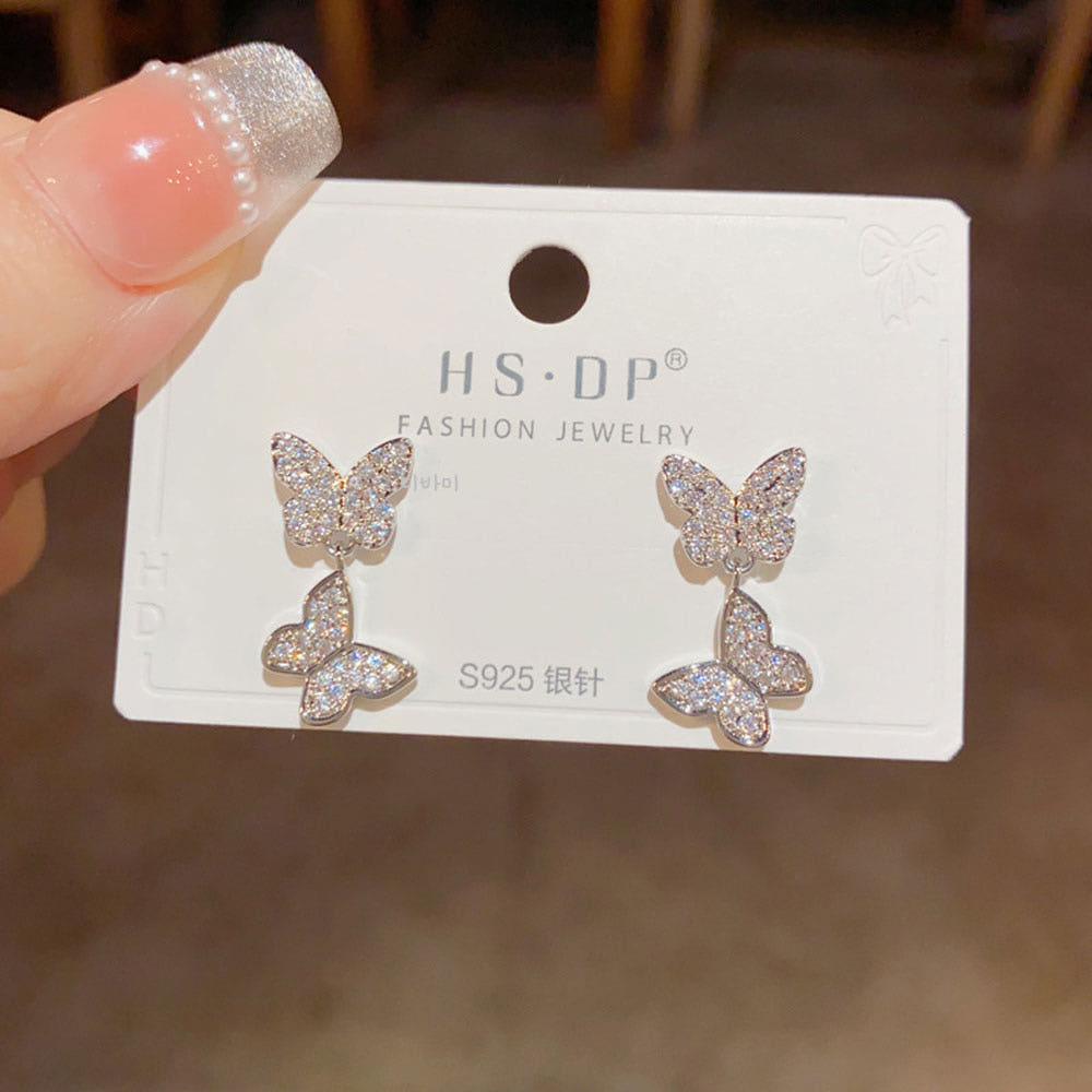 S925 더블 나비 귀걸이 큐빅 은침 14K 이어링 봄 악세사리 - 상세 이미지 3