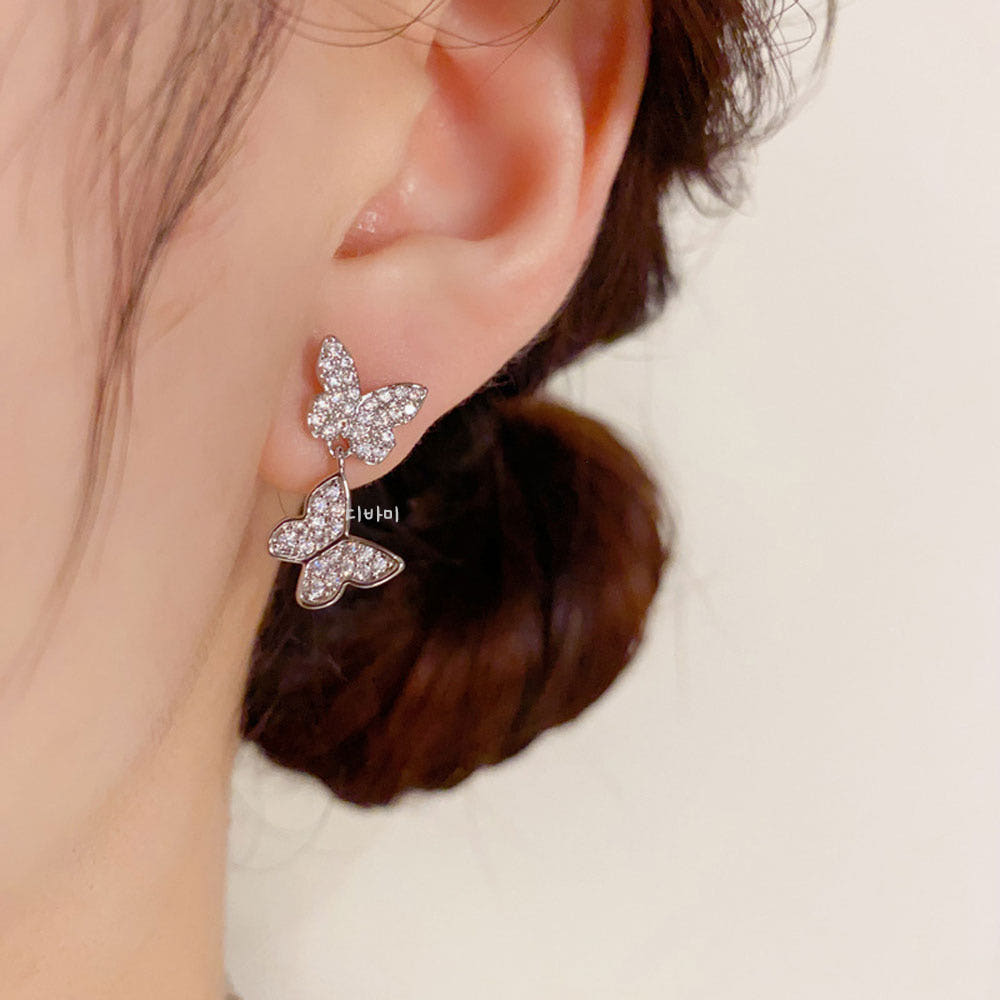 S925 더블 나비 귀걸이 큐빅 은침 14K 이어링 봄 악세사리 - 상세 이미지 5