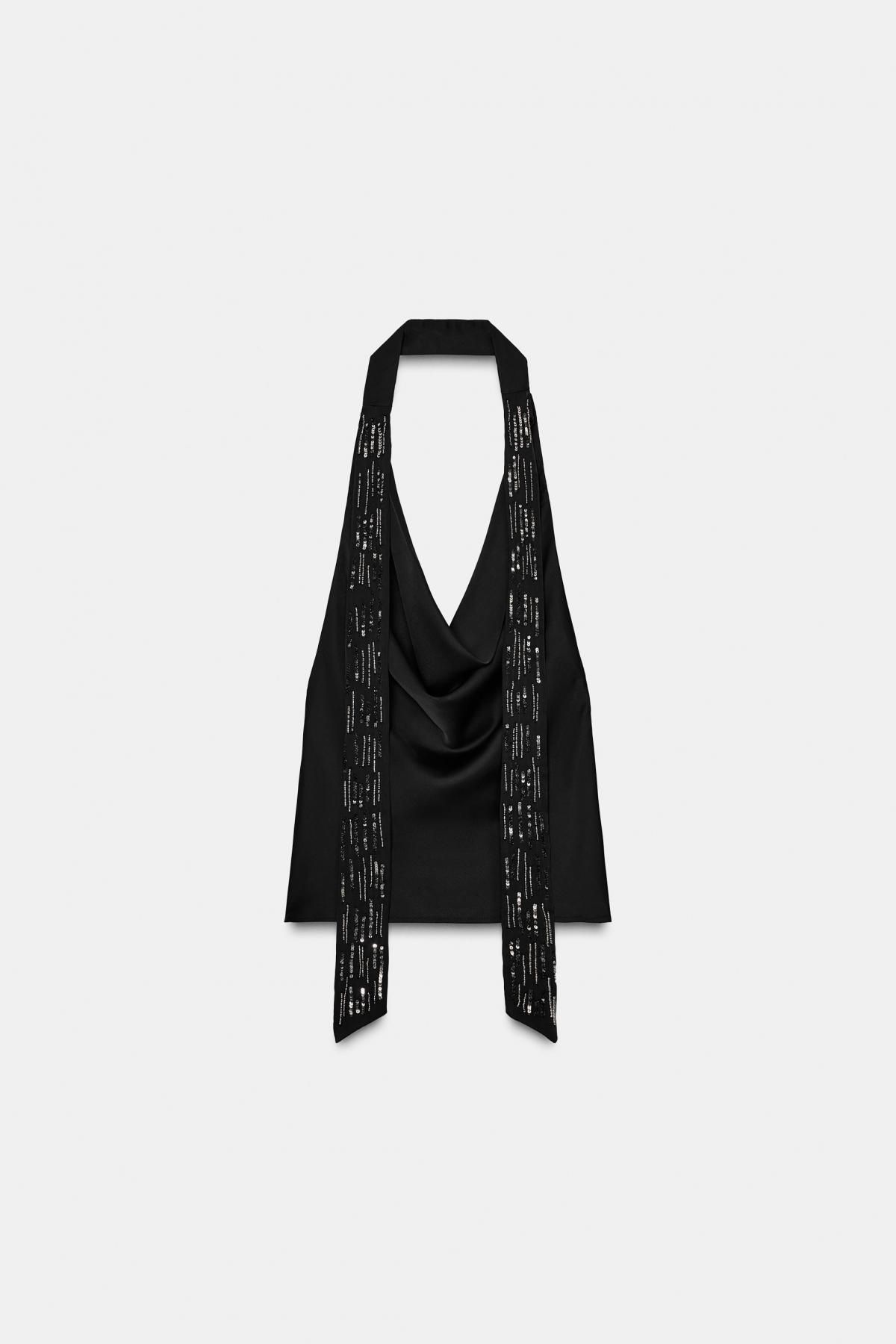 자라 새틴 비즈 스카프 홀터넥 탑 0881/123 BLACK - 상품 이미지