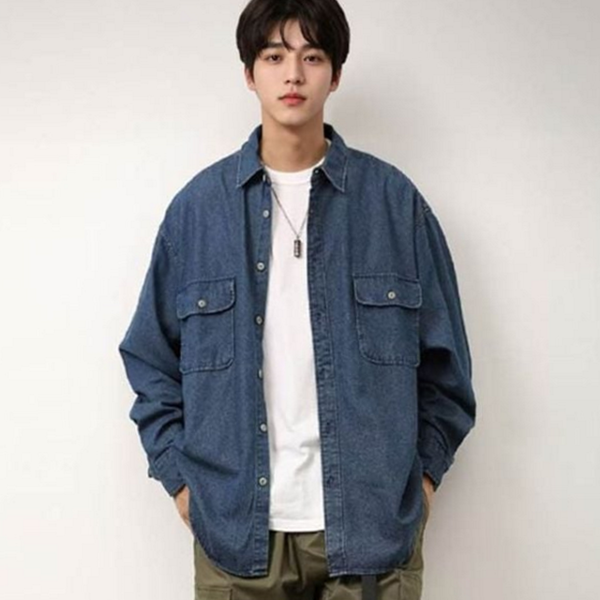 루즈핏 남자 데님 셔츠 청남방 남성 오버핏 셔츠 - 상품 이미지