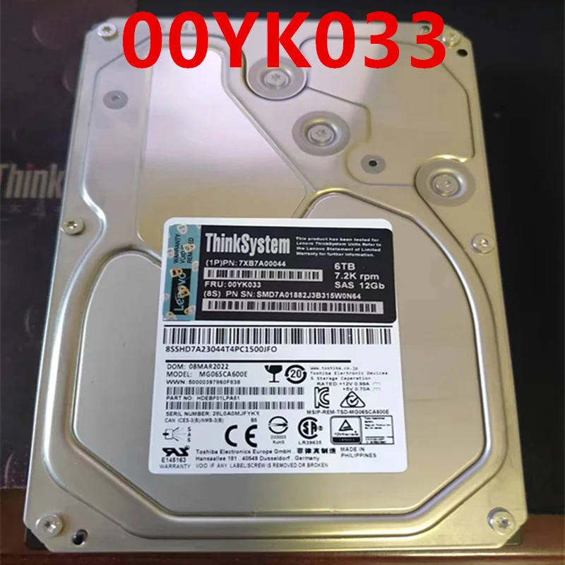 Lenovo호환 SR650 SR850 오리지널 하드 6TB SAS 3.5 인치 7200RPM 128MB 서버 HDD 00YK033 7XB7A00044