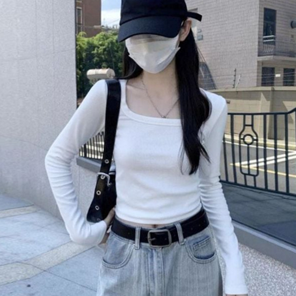 슬림핏 여성 긴 팔 티셔츠 베이직 여성 유넥 티셔츠 - 상품 이미지