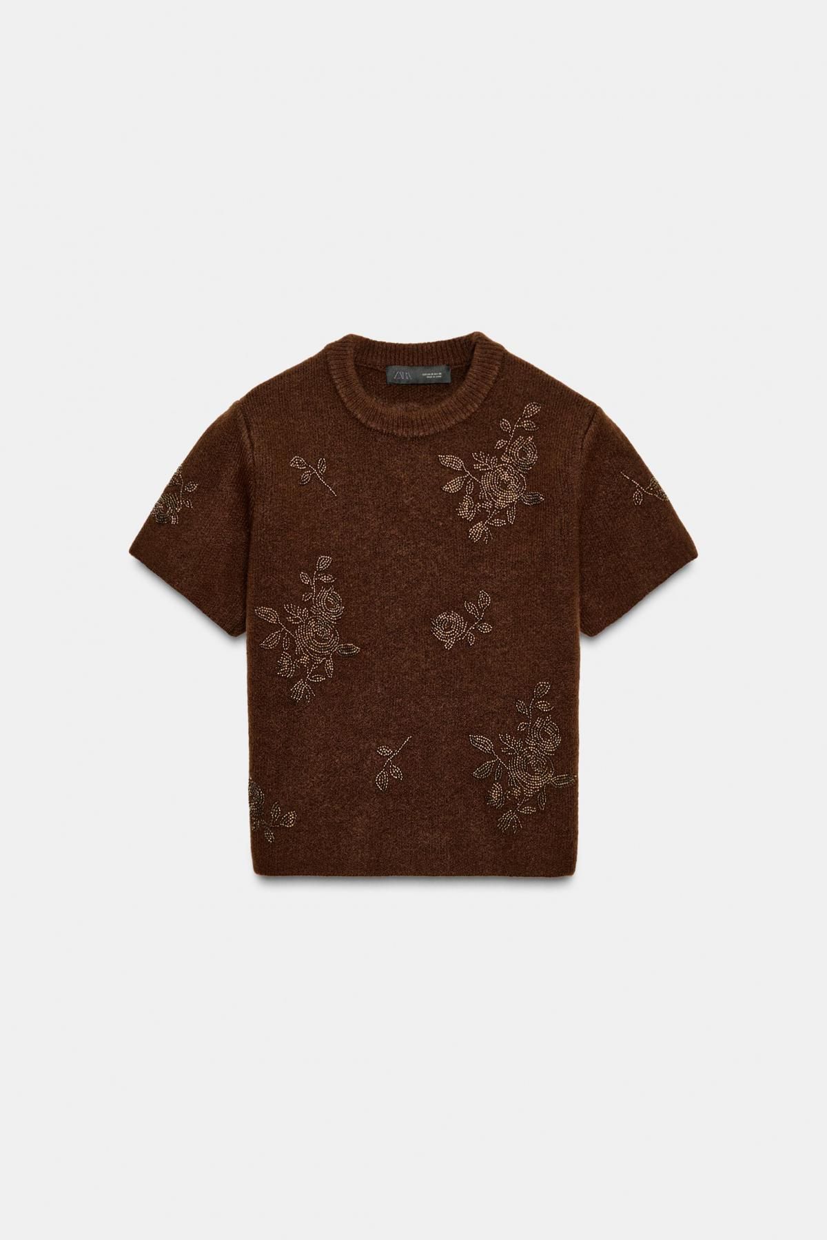 자라 플라워 비즈 라운드넥 반팔 니트 스웨터 9874/117 BROWN - 메인 이미지