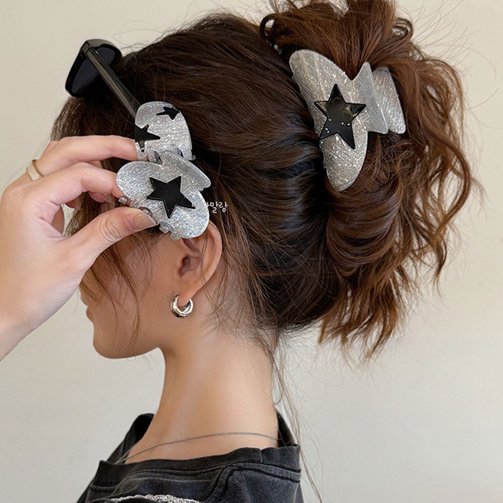 반짝이는 실버 별 헤어집게핀 포인트 머리핀 포니테일 헤어핀 - 상품 이미지