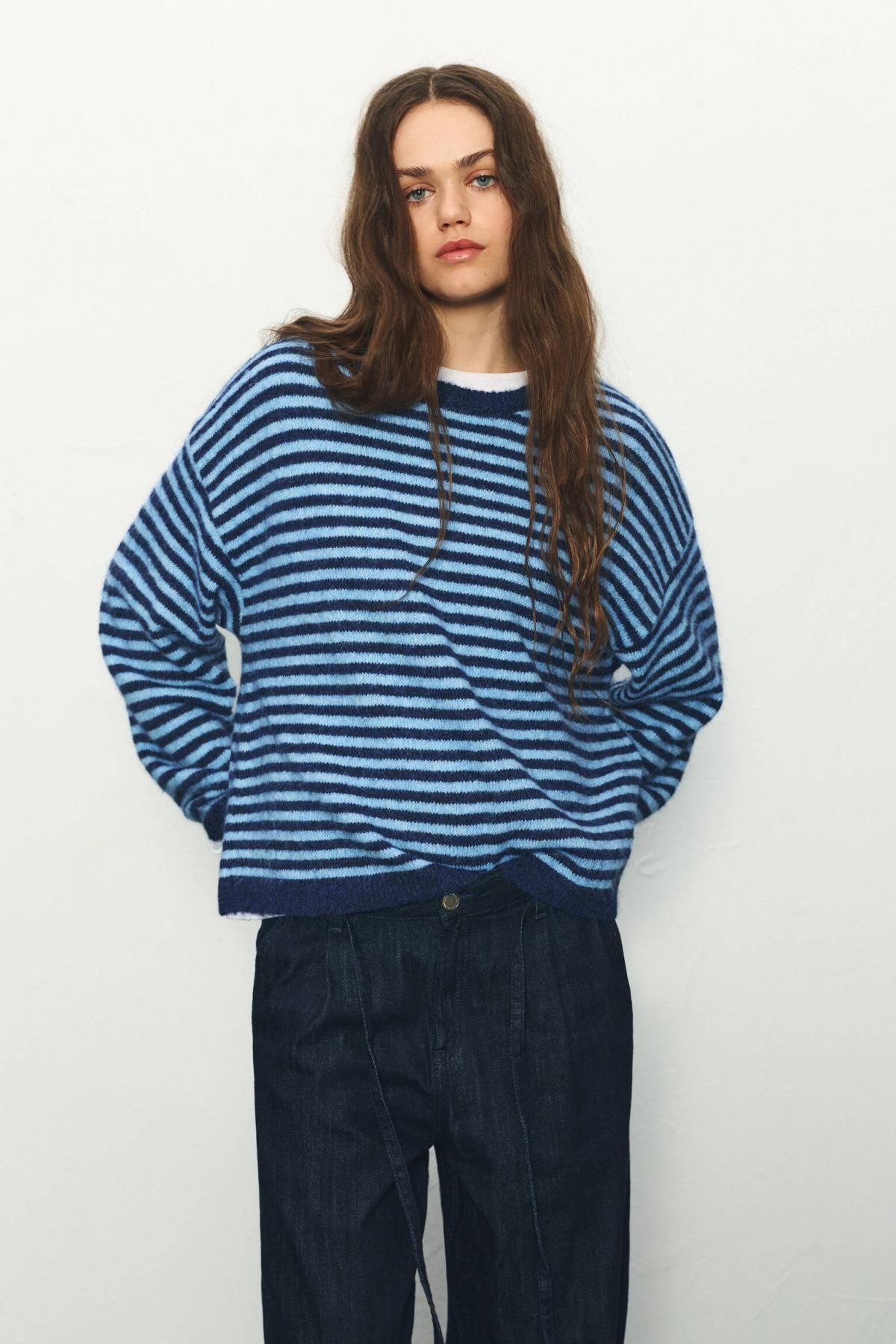 풀앤베어 스트라이프 라운드넥 니트 캐주얼 스웨터 7550/388 NAVY - 상세 이미지 3