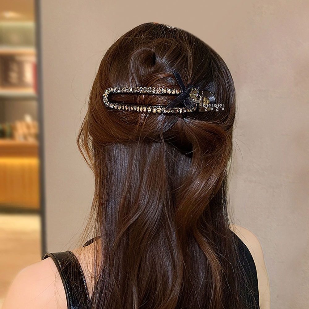 블랙 리본 큐빅 악어집게핀 럭셔리 올림머리헤어핀 - 상품 이미지