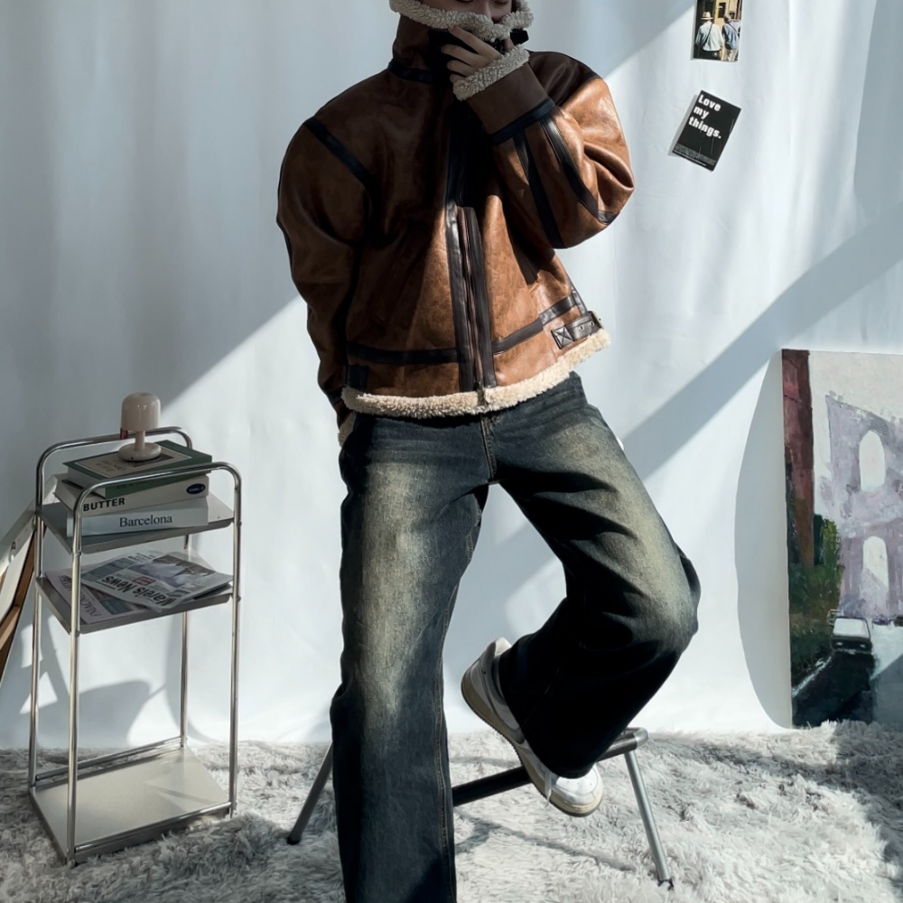 남자 무스탕 자켓 톰하디 가죽 크롭 스웨이드 레더 자켓 오버핏 겨울 아우터 - 상세 이미지 3