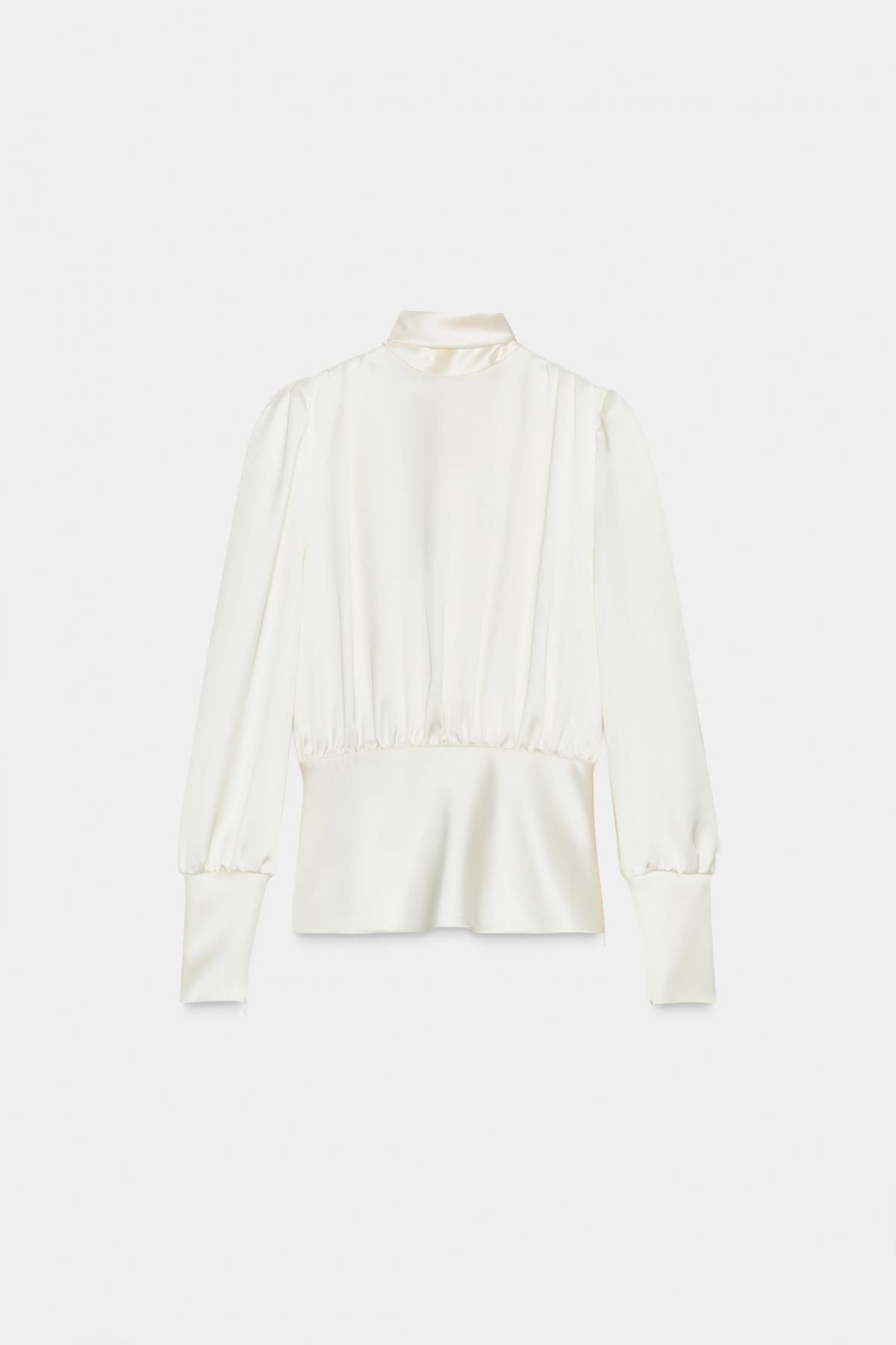 자라 럭셔리 새틴 하이넥 리본 백 블라우스 4661/185 OYSTER-WHITE - 상품 이미지