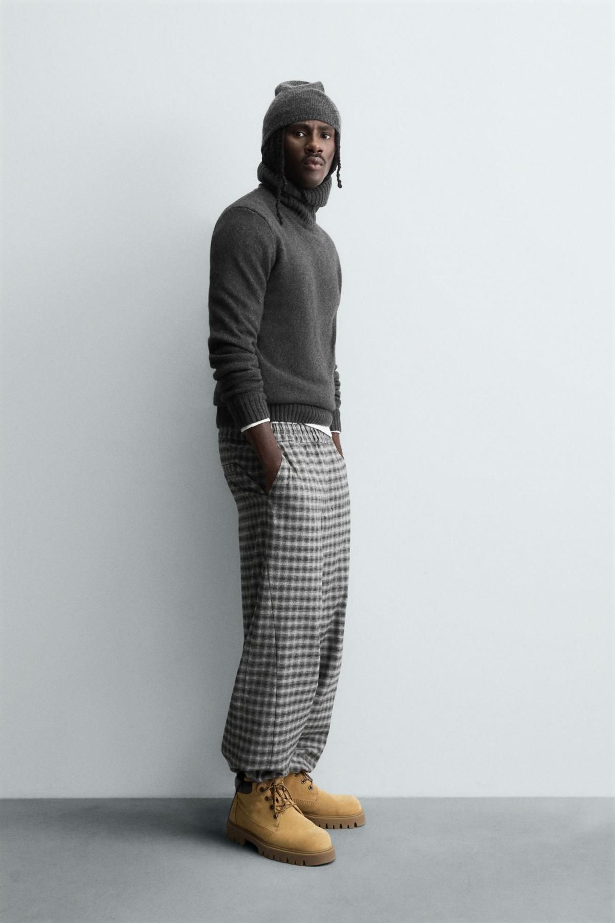 자라 체크 릴렉스핏 테크니컬 밴딩 와이드 팬츠 4514/300 CHARCOAL GREY - 상세 이미지 4