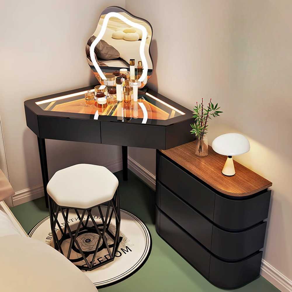코너 화장대 좁은공간용 인테리어 수납형 거울 세트 블랙(코너 60cm 테이블+거울) - 상세 이미지 2