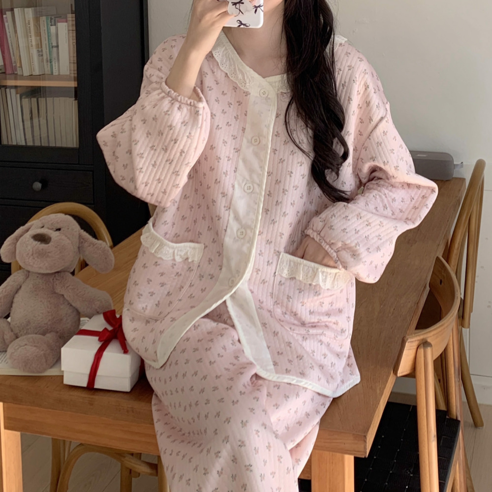 누빔잠옷 수면잠옷세트 겨울파자마 노카라 레이스 파자마파티 홈웨어 - 상세 이미지 4