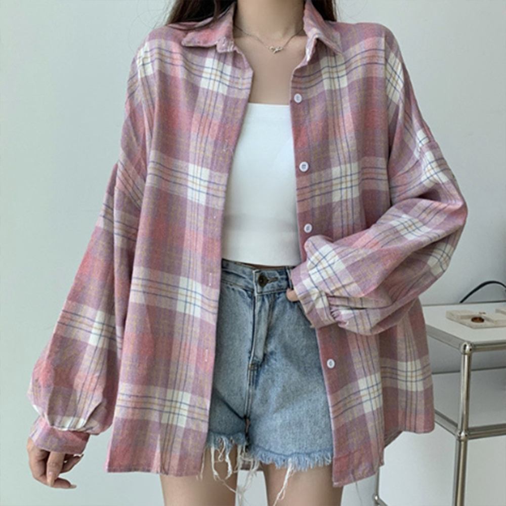 체크 남방 여자 봄 겨울 캐쥬얼 가을 심플 셔츠 무늬 기본 긴팔 단추 여성 10대 학생 - 상품 이미지