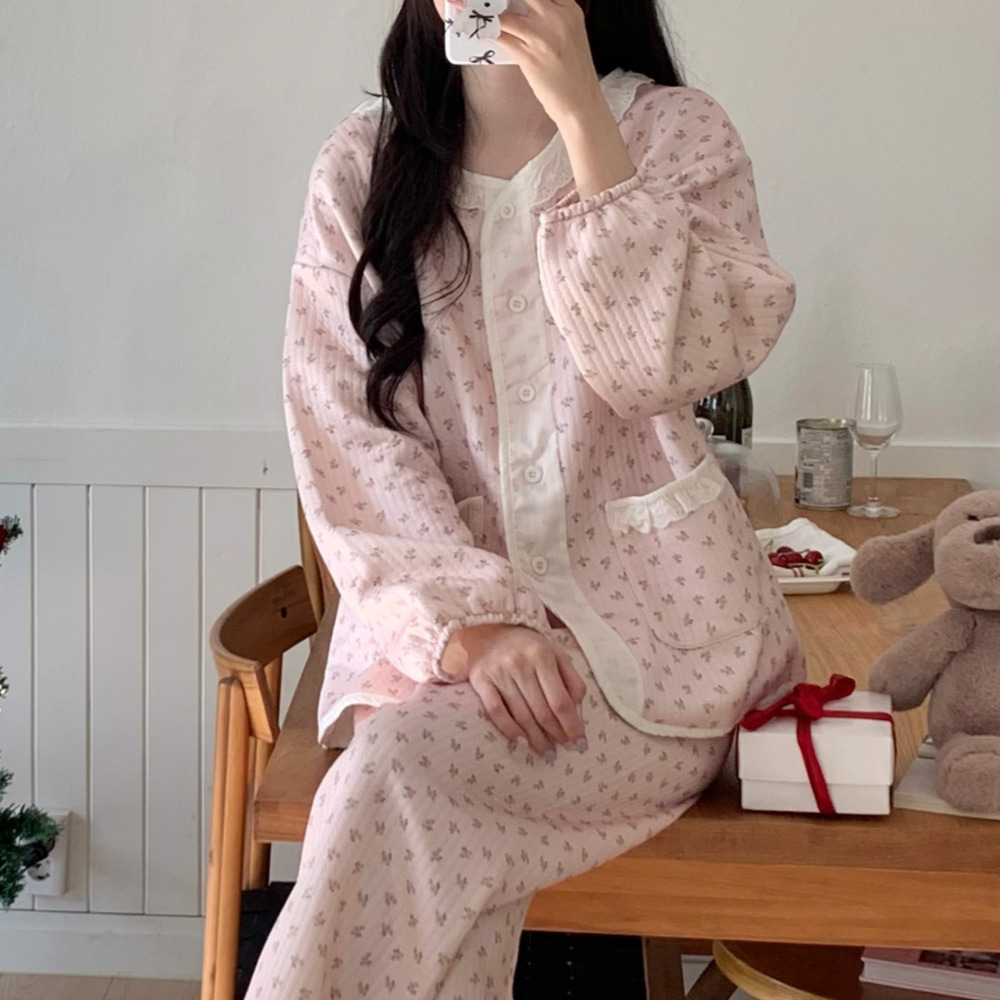 누빔잠옷 수면잠옷세트 겨울파자마 노카라 레이스 파자마파티 홈웨어 - 상세 이미지 2