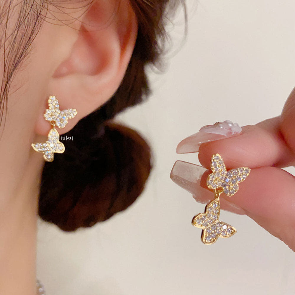 S925 더블 나비 귀걸이 큐빅 은침 14K 이어링 봄 악세사리 - 메인 이미지