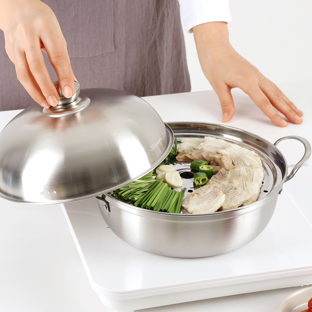 시샘 연마제 초음파 세척한 인덕션 스텐 찜기 전골 찜 냄비 + 레스팅커버 세트 20cm - 상품 이미지