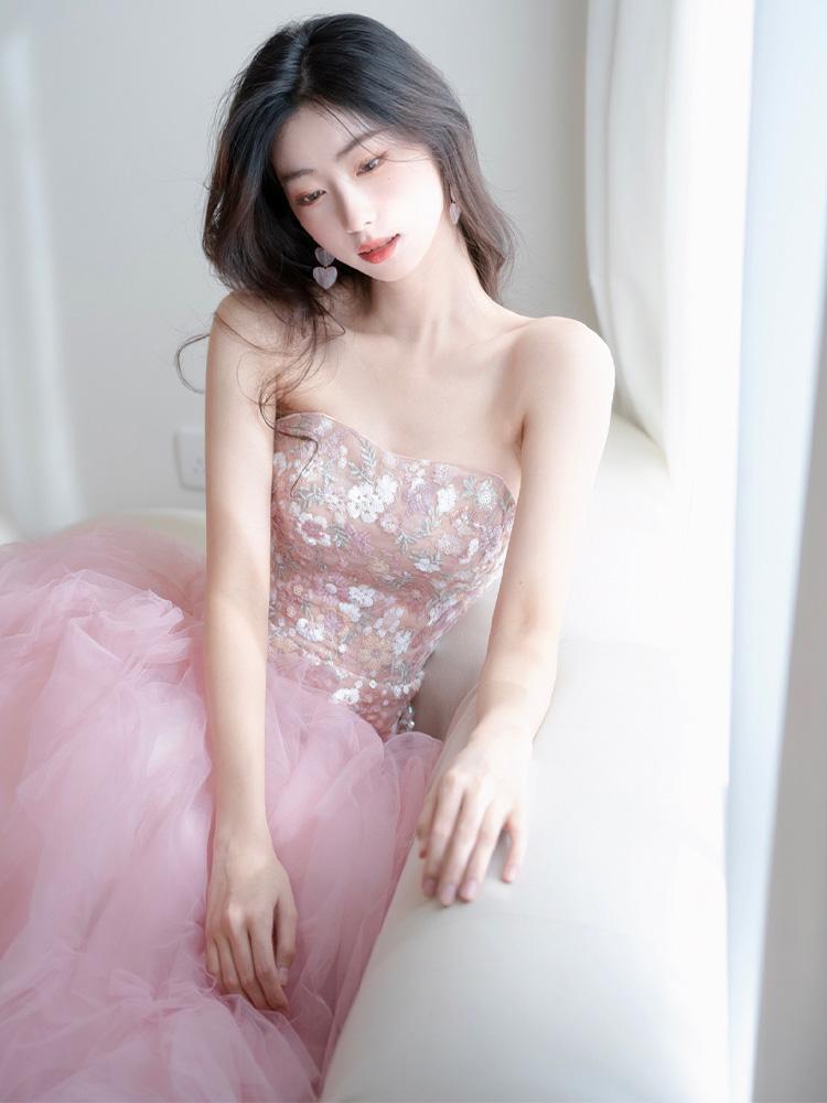 신혼여행 스냅 촬영 웨딩 드레스 셀프웨딩 핑크 튜브탑 파티 이브닝 연주회 행사 핑크 XS - 상세 이미지 2