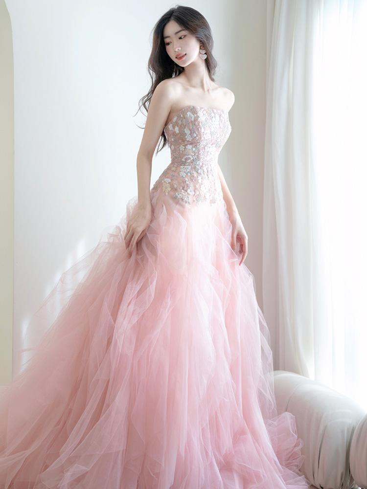 신혼여행 스냅 촬영 웨딩 드레스 셀프웨딩 핑크 튜브탑 파티 이브닝 연주회 행사 핑크 XS - 메인 이미지