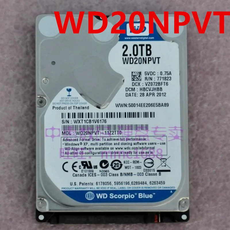 오리지널 거하드 WD 2TB SATA 2.5 인치 5400RPM 8MB 노트북 HDD WD20NPVT 2060-771823-000