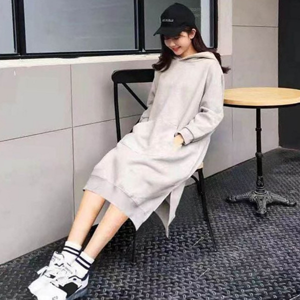 루즈핏 여성 기모 원피스 후드 여성 롱 원피스 빅사이즈 - 상품 이미지