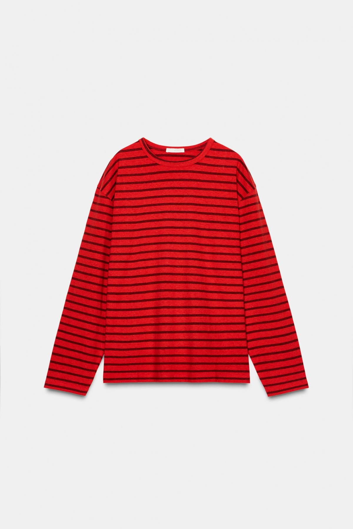 자라 스트라이프 레귤러핏 라운드넥 긴팔 티셔츠 3253/710 RED STRIPE - 상품 이미지