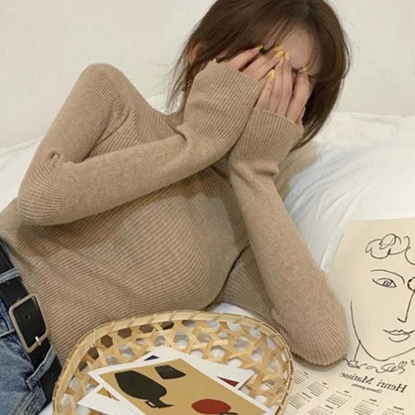 기본 여자 목폴라 폴라티 티셔츠 슬림 여자 골지 티셔츠 - 상품 이미지