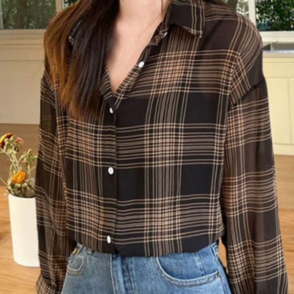 데일리 여성 체크 셔츠 캐주얼 여성 블라우스 셔츠 오피스 - 메인 이미지