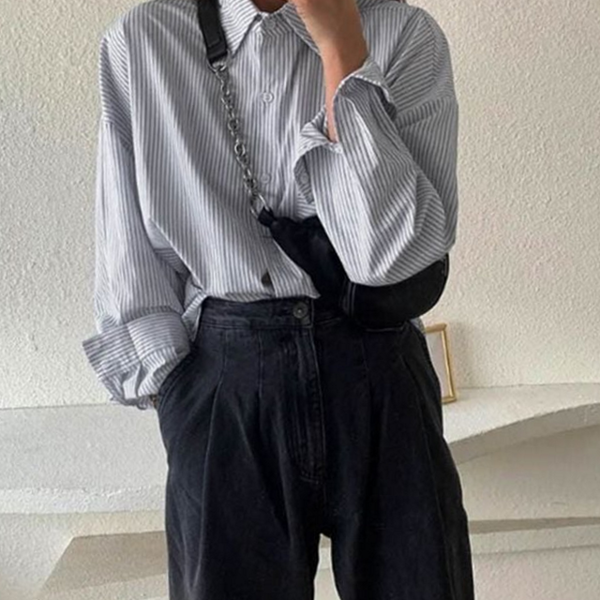 루즈핏 여성 스트라이프 셔츠 데일리 여성 긴 팔 셔츠 - 상품 이미지