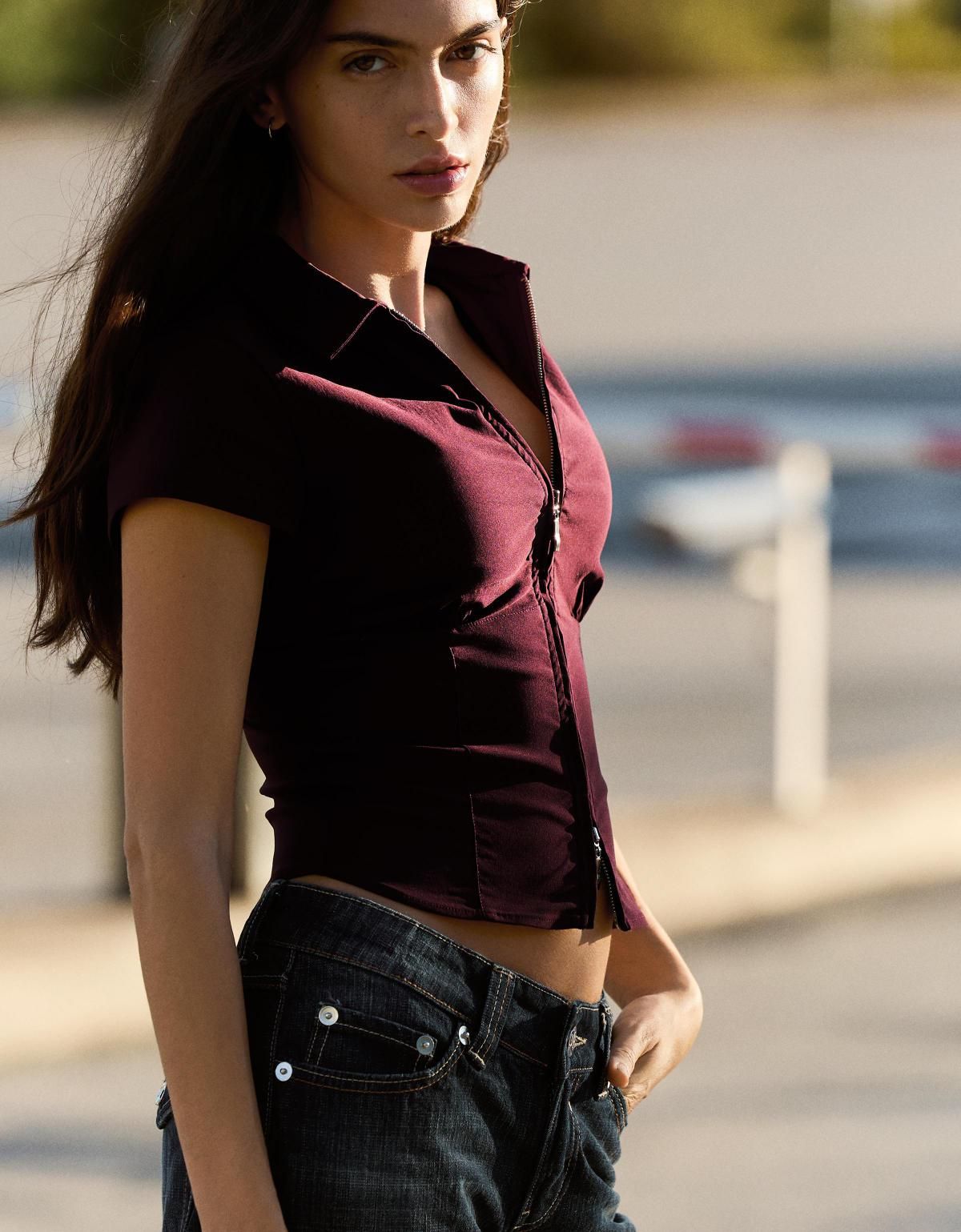 버쉬카 모던 버건디 집업 반팔 셔츠 6267/710 MAROON - 상세 이미지 5