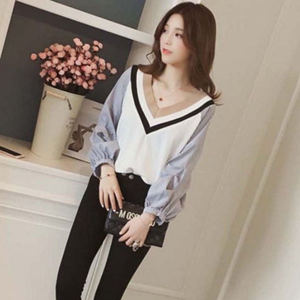 루즈핏 여성 브이넥 긴 팔 티 데일리 여성 - 상품 이미지
