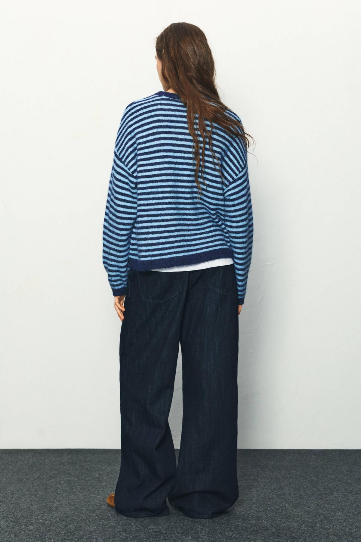 풀앤베어 스트라이프 라운드넥 니트 캐주얼 스웨터 7550/388 NAVY - 상세 이미지 4