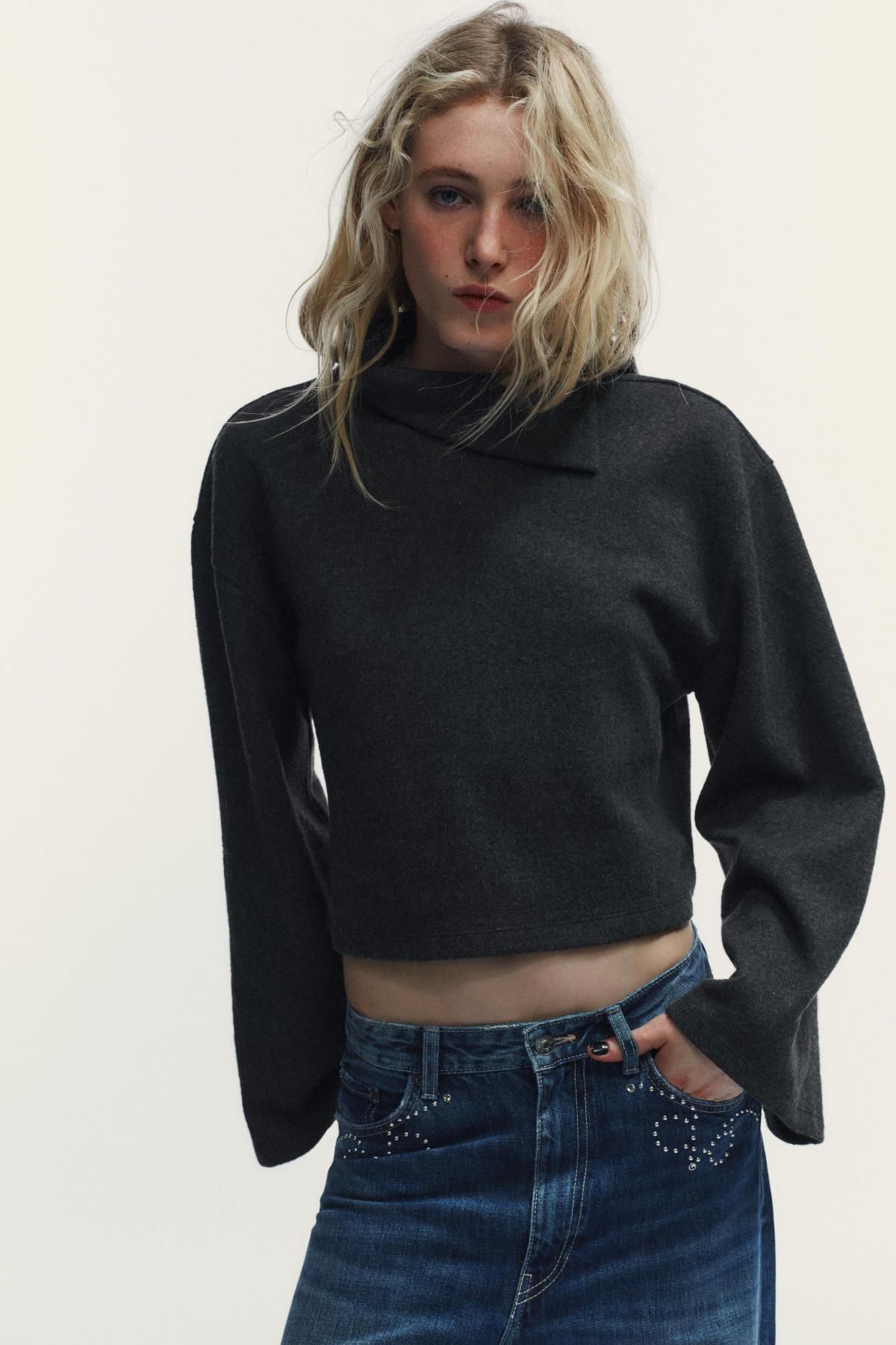 자라 소프트 플레어 소매 크롭 스웨트셔츠 5644/987 ANTHRACITE GREY - 상세 이미지 5