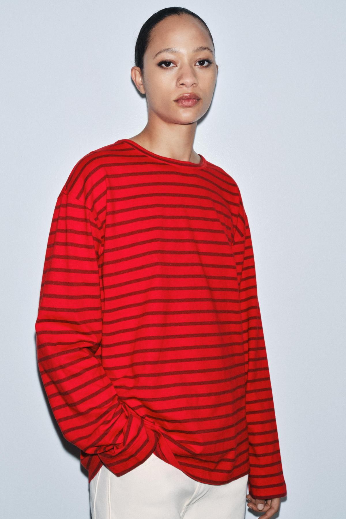 자라 스트라이프 레귤러핏 라운드넥 긴팔 티셔츠 3253/710 RED STRIPE - 상세 이미지 3