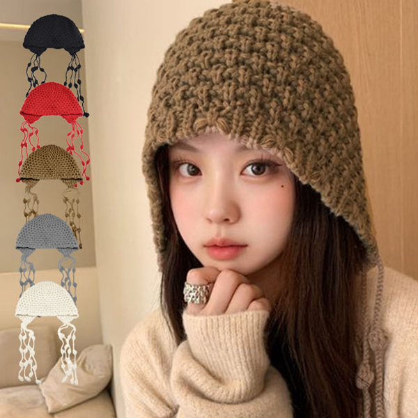 루즈핏 출렁 끈 니트 모자 데일리 여성 니트 모자 - 상품 이미지