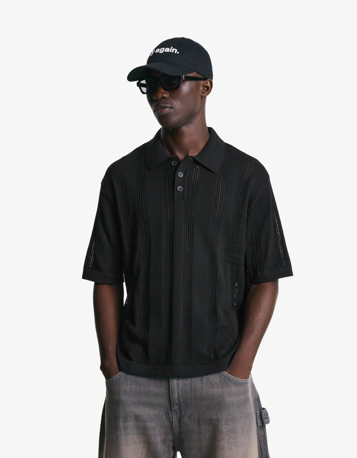 버쉬카 텍스처 오픈워크 블랙 반팔 폴로셔츠 8240/623 BLACK - 상세 이미지 5