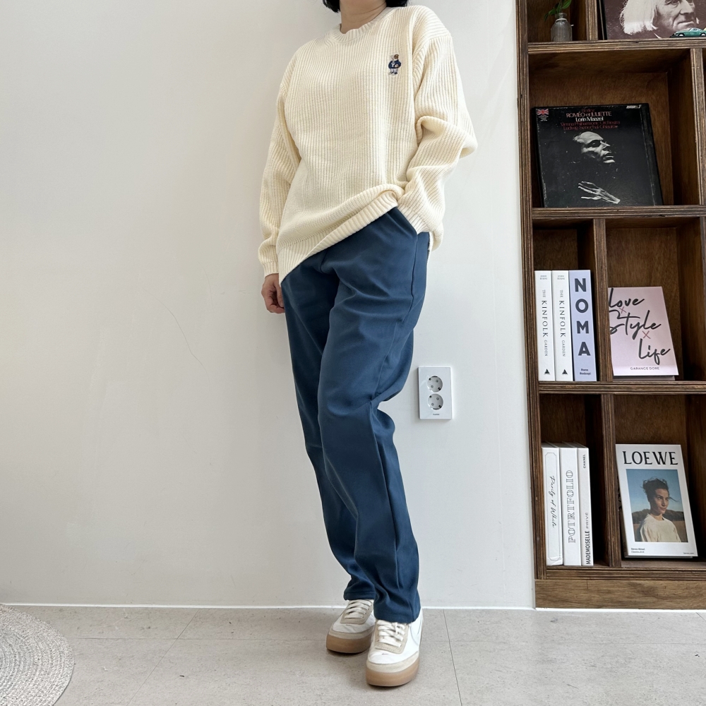 국내 자체제작 겨울 기모 본딩 배기 팬츠 허리 밴드 바람 차단 네이비 스판 배기 바지 - 상세 이미지 2